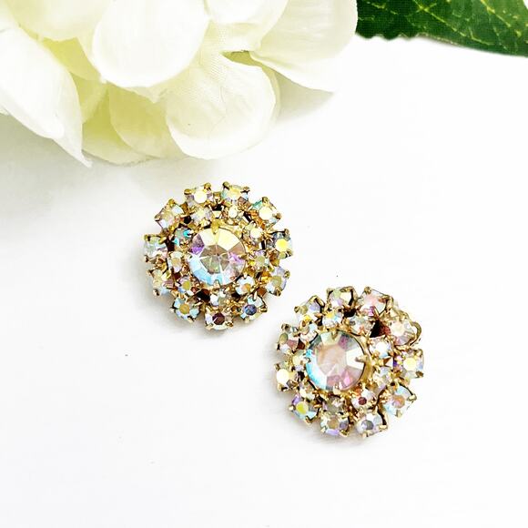Aurora Borealis AB Vintage Cluster Clip Earrings - Picture 1 of 5